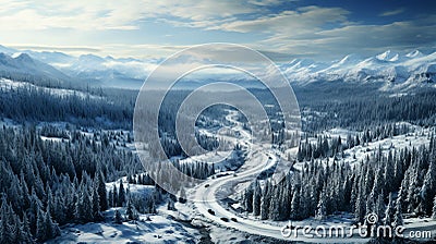 Aerial top view Curvy road in snow covered forest in winter Stock Photo