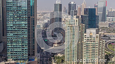 Aerial top view of Dubai Marina evening timelapse. Modern towers and traffic on the road Editorial Stock Photo
