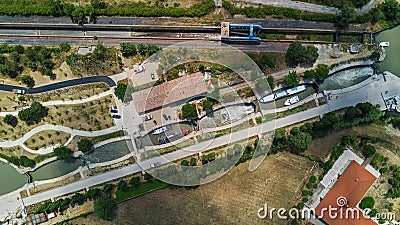 Aerial top view of Fonserannes locks on canal du Midi from above, unesco heritage landmark, France Stock Photo