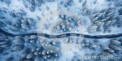 Aerial top view of frozen road in snowy winter woods. Landscape of forest with path, snow and trees. Concept of nature, travel, Stock Photo