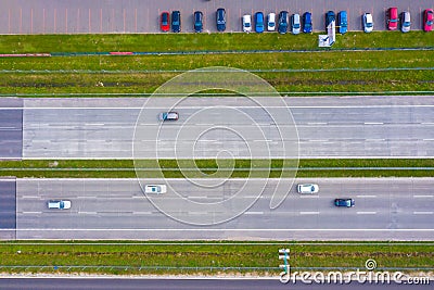 Aerial top view of highway automobile traffic of many cars, transportation concept Stock Photo