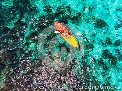 Aerial top view Kayak boat turquoise blue water sea Stock Photo