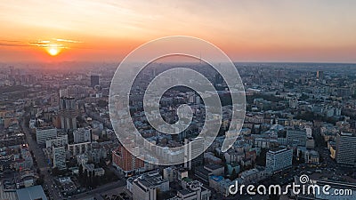 Aerial top view of Kiev city skyline on sunset from above, Kyiv center downtown cityscape, capital of Ukraine Stock Photo