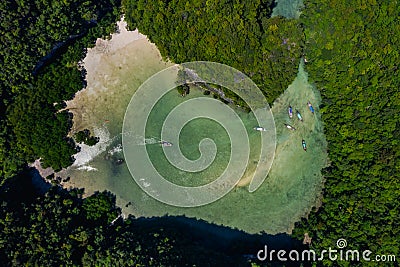 Aerial top view lagoon koh hong and tourists boat Stock Photo