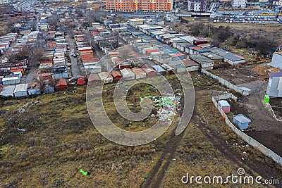 Aerial top view of a large pile of garbage. Pile of garbage on an illegal elemental garbage dump or on landfill, Many household Stock Photo