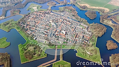 Aerial top view of Naarden city fortified walls in star shape and historic village in Holland, Netherlands Stock Photo