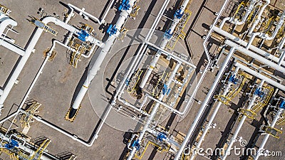 Aerial top view natural gas pipeline, gas industry, gas transport system, stop valves and appliances for gas pumping station. Stock Photo