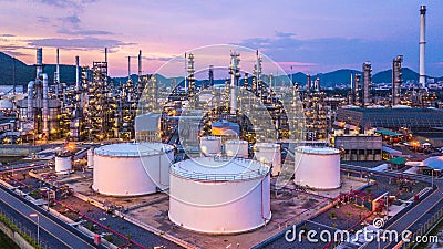 Aerial top view oil and gas chemical tank with oil refinery plan Stock Photo