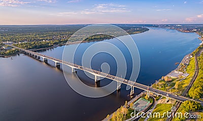 Aerial top view panorama city Perm and central embankment of Kama river Russia, sunset drone photo Stock Photo