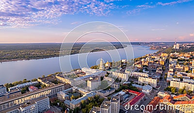 Aerial top view panorama city Perm and Kama river Russia, sunset drone photo Stock Photo