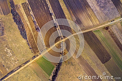 Aerial top view of plowed arable field Stock Photo