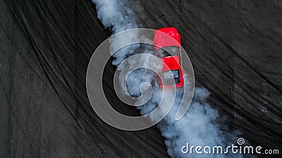 Aerial top view professional driver drift car on asphalt track w Stock Photo