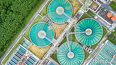 Aerial top view recirculation solid contact clarifier sedimentation tank, Water treatment plant. Stock Photo