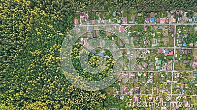 Aerial top view of residential area summer houses in forest from above, countryside real estate and dacha village in Ukraine Stock Photo