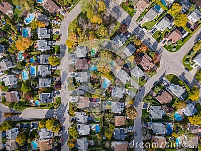 Aerial Top View of Residential Neighbourhood in Montreal During Fall Season, Quebec, Canada Stock Photo