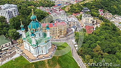 Aerial top view of Saint Andrew`s church and Andreevska street from above, Podol, city of Kiev Kyiv, Ukraine Editorial Stock Photo