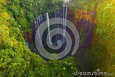 Aerial top view of Sewu Waterfall. Nature landscape of Jinguashi in natural area. it is located in Indonesia for travel trip Stock Photo