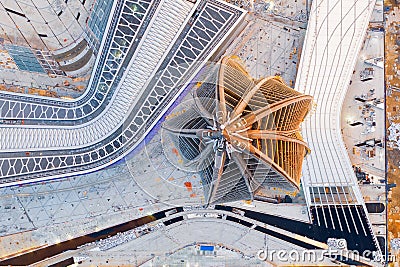 Aerial top view of the spire of a skyscraper Lakhta Center complex of buildings under construction and business center . Russia, Editorial Stock Photo
