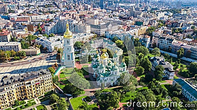 Aerial top view of St Sophia cathedral and Kiev city skyline from above, Kyiv cityscape, Ukraine Stock Photo