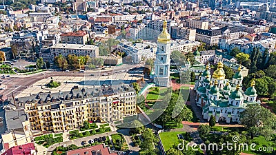 Aerial top view of St Sophia cathedral and Kiev city skyline from above, Kyiv cityscape, Ukraine Editorial Stock Photo