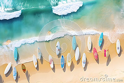 Aerial top view of surf board on the sea beach Stock Photo