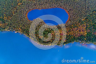 Aerial top view of two lakes in forest Stock Photo