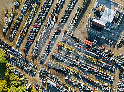 Aerial top view of used car auction for sale a parking lot Stock Photo