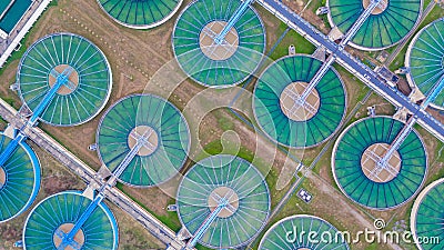 Aerial top view water treatment plant, Aerial top view recirculation solid contact clarifier sedimentation tank Stock Photo