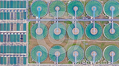 Aerial top view water treatment plant, Aerial top view recirculation solid contact clarifier sedimentation tank Stock Photo