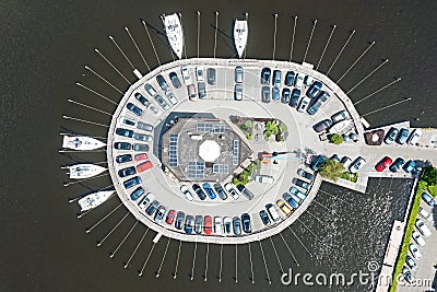 Aerial topshot from boats and cars at the jetty in Friesland the Netherlands Stock Photo