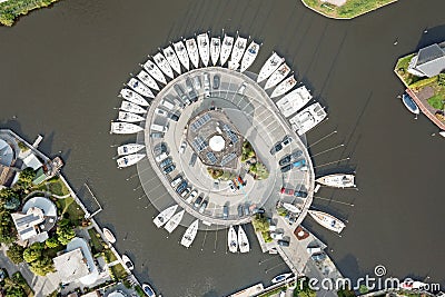 Aerial topshot from boats at a marina in Friesland in the Netherlands Stock Photo