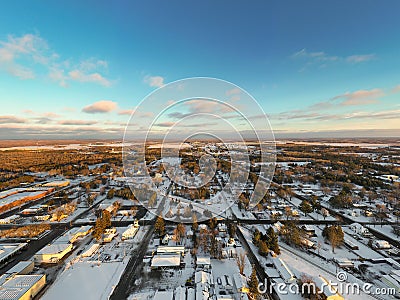 Aerial Town View at Sunset Winter Stock Photo