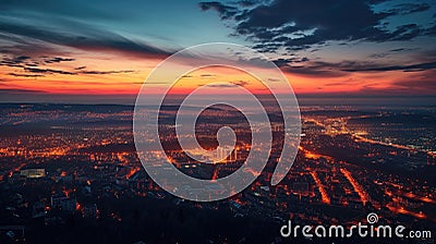 Aerial townscape top down view at sunset with skyline and street lights Stock Photo