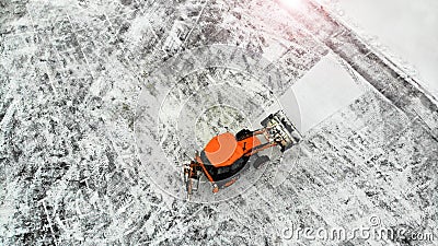 Aerial. Tractor snow remove. Stock Photo