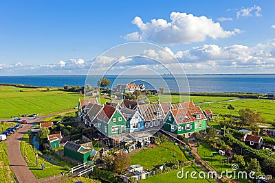 Aerial from the traditional village Marken at the IJsselmeer in the Netherlands Stock Photo
