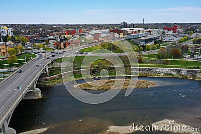 Aerial traffic on the Lorne Bridge into Brantford, Ontario, Canada Stock Photo