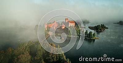 Aerial Trakai castle in misty sunrise Stock Photo