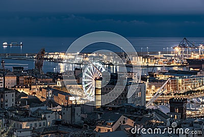 Aerial twilight view of the Port of Genoa, Italy Editorial Stock Photo