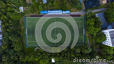 Aerial urban view of the football field with players Stock Photo