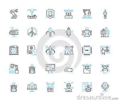 Aerial vehicles linear icons set. Drs, Helicopters, Balloons, Blimps, Planes, Paragliders, Zeppelins line vector and Vector Illustration