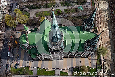 Aerial veiw on Elizabeth church in Lviv, Ukraine from drone. Consecration of Easter food, cakes, eggs Stock Photo