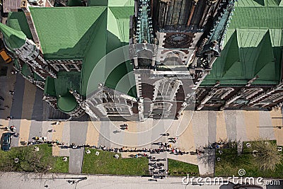 Aerial veiw on Elizabeth church in Lviv, Ukraine from drone. Consecration of Easter food, cakes, eggs Stock Photo