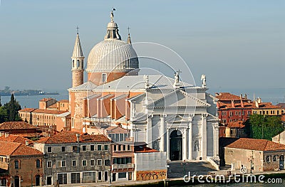 AERIAL- Venice, Italy- Panorama of Domed Cathedral and Cityscape Stock Photo