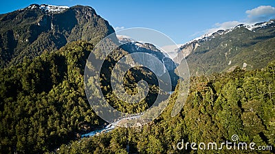 Aerial of Ventisquero Colgante, a hanging Glacier with waterfall and lake in queulat national park. Stock Photo