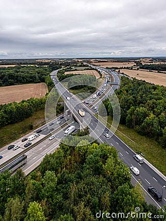 Aerial vertical landscape of traffic jam on the M1 motorway Stock Photo