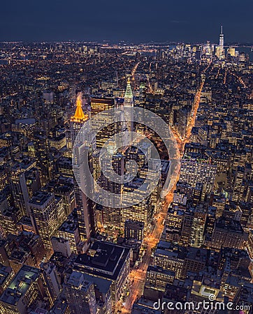 Aerial vertical shot of night view of New York City skyline, Manhattan, USA Editorial Stock Photo