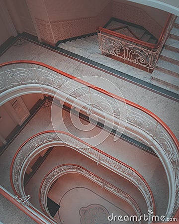 Aerial vertical view of a beautifully painted halls on each floor on a building Stock Photo