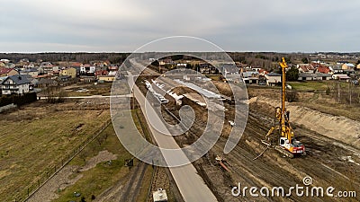Aerial view on railroad modernisation works near Otwock in Poland. Editorial Stock Photo