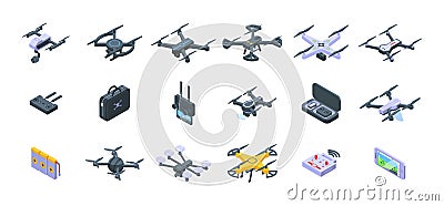 Aerial videography icons set isometric vector. Drone camera Vector Illustration