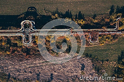 Aerial view of abandoned outdoor industrial heating pipeline Stock Photo